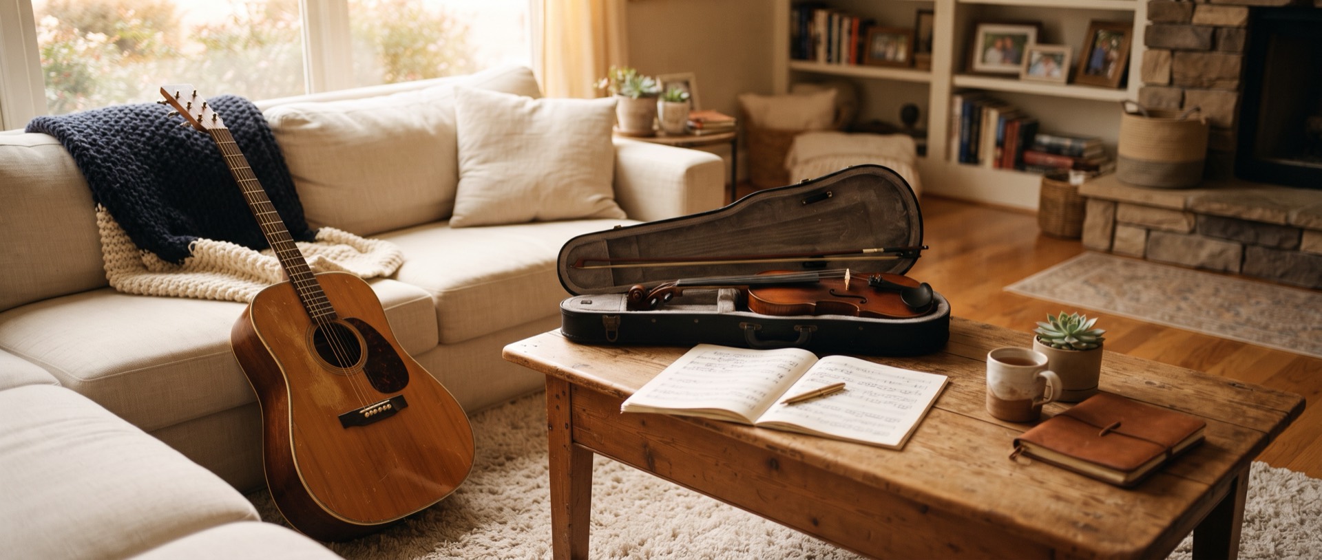 A warm still life of sheet music and instruments resting in soft window light