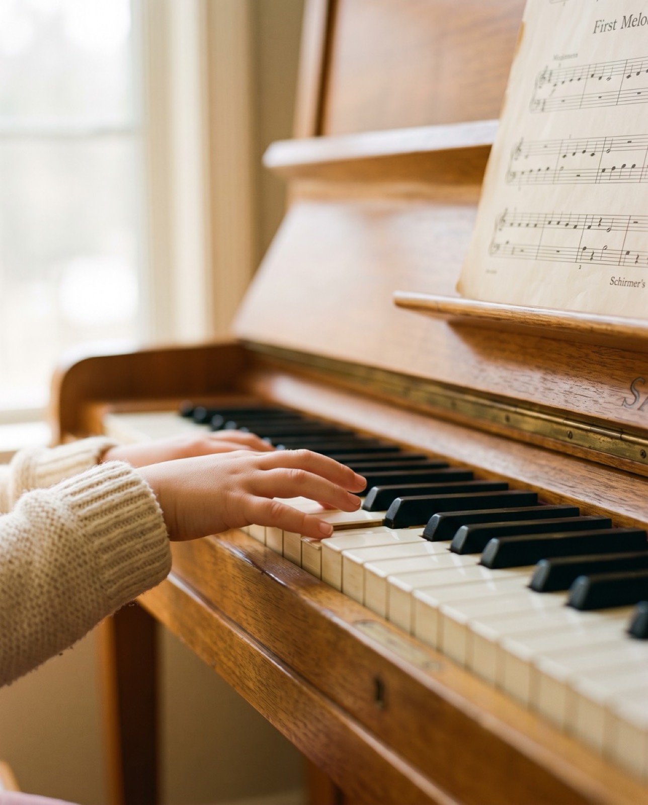 A child's hands resting on the keys of a warm wooden piano with beginner sheet music